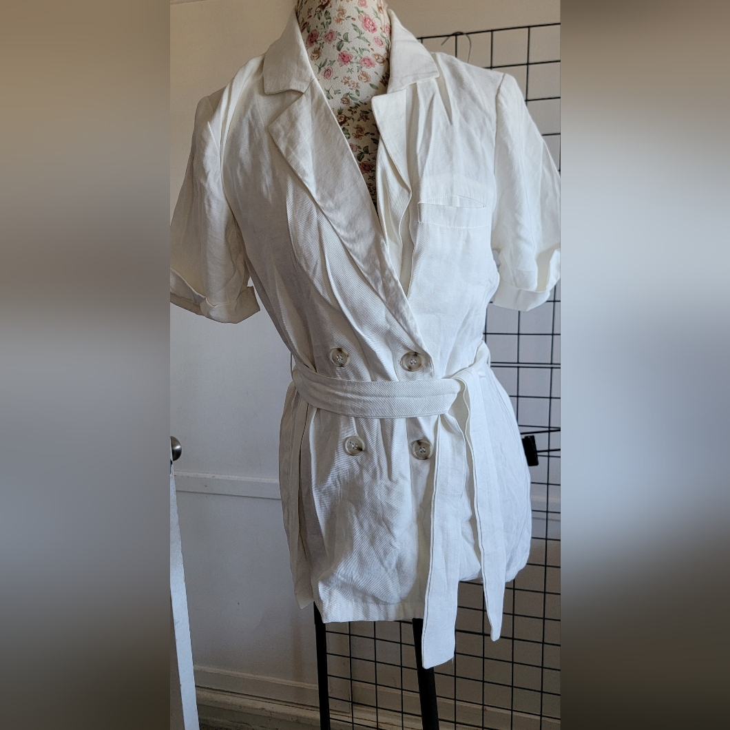 L'acadamie White Double-Breasted Belted Linen Blazer Size Small
